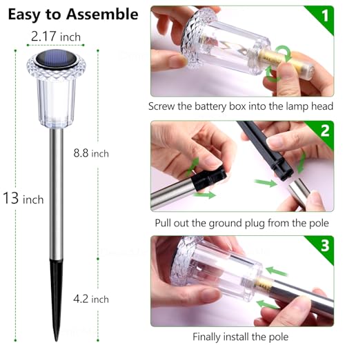 Image of DenicMic Solar Pathway Lights Outdoor Waterproof Cold White LED 15 Pack | Yard Garden Driveway Walkway Landscape Path Lights, Starburst Pattern, Acrylic Diamond-like Lampshade Stainless Steel Pole
