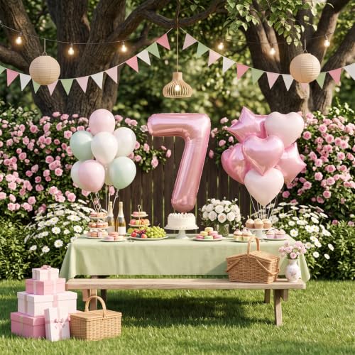 Image of TONIFUL 7th Birthday Balloons Kit 40 Inch Pink Large Number 7 Foil Balloon | with 18 Inch Helium Foil Star Shaped Balloons for Girls Women Birthday Anniversary Graduation New Year Eve Party Decoration