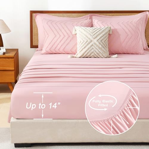 Image of Litanika Pink Queen Size Comforter Set with Sheets - 7 Pieces Bed in a Bag Queen Boho Tufted Complete Bedding Sets with Comforter, Sheets, Pillowcases & Shams