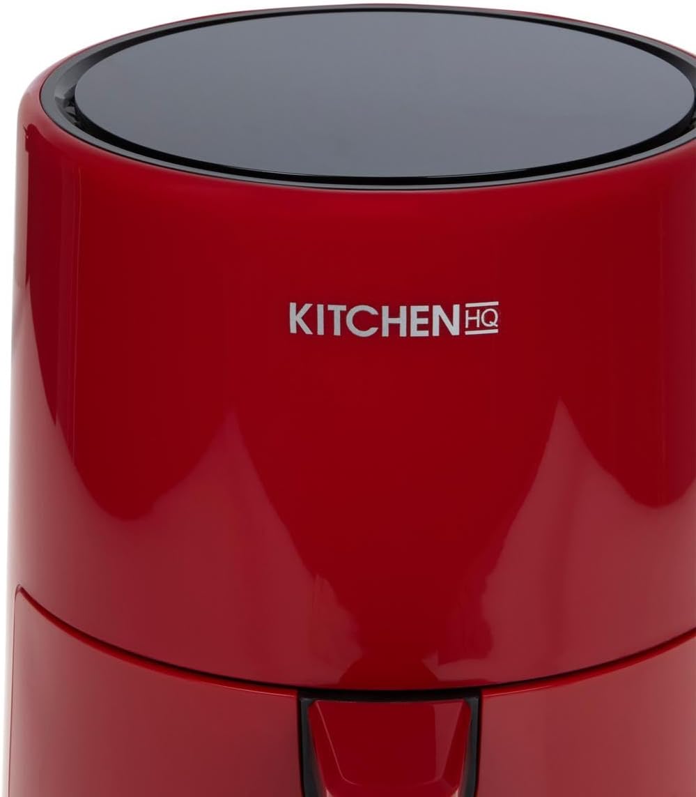 Minn fuq għal isfel view of the red air fryer showing the digital control panel.