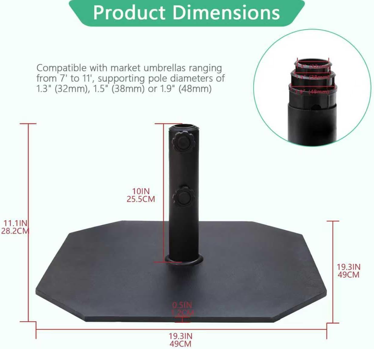 Helios&Hestia 44lbs Square Heavy Duty Outdoor Patio Umbrella Base, Steel Plate Stand Weight with 4 Non-Slip Pads, Fits 7 to 11ft Market Umbrellas, Black