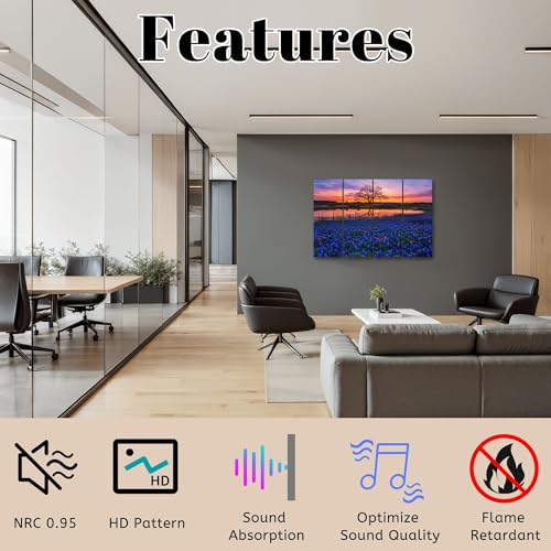 Pack de 8 paneles acústicos decorativos autoadhesivos 48"x72" con diseño Texas Bluebonnet, absorción de sonido para estudio de grabación y paredes miniatura 3