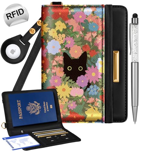Slohif Airtag Passport Holder Cover Wallet Case for Travel Women - Leather RFID Blocking Passport Book Multiple Personalized Organizer Slim Portable Carrier Card Slots Protector Sleeve Cat