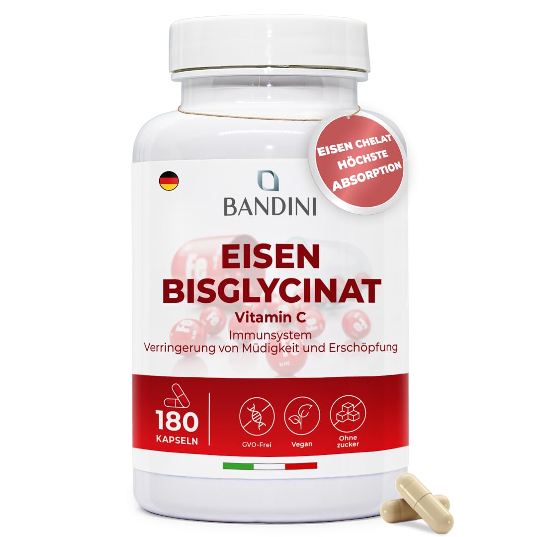 Bandini® Eisen-Bisglycinat | 180 VEGAN Eisentabletten | 80 mg natürliches Vitamin C aus Acerola + 80 mg Eisen-Bisglycinat | hoch bioverfügbar | 1 Kapsel/Tag für 6 Monate Versorgung