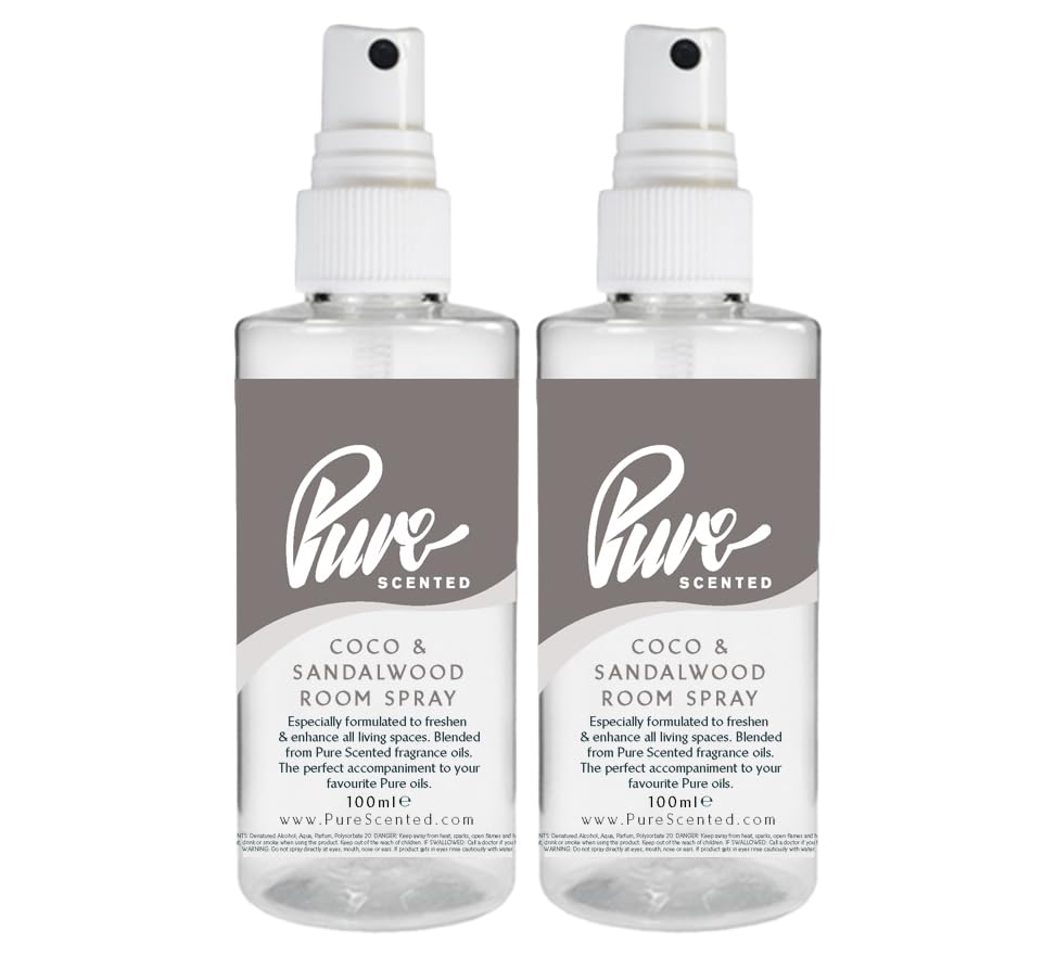 "Pure Scented 200ml Room & Fabric Sprays 2 x 100ml Suitable For Home, Car, Caravan, Work, Gym Bags, Odour Eliminators (2 x 100ml, Coco & Sandalwood)"