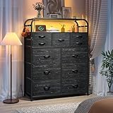 Dresser for Bedroom with 11 Fabric Drawers & 4 Hooks & Open Shelves, 47' H Narrow Dresser with LED Lights & Charging Station, Entryway, Hallway, Dorm Black