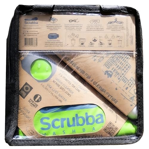 Scrubba Waschbeutel & Trocken-Set – Tragbares Waschsystem mit XL Handtuch, Wäscheleine & Haken – Für Camping, Reisen, Hostels & Hotels – Leicht & kompakt – Mobile Waschmaschine für unterwegs