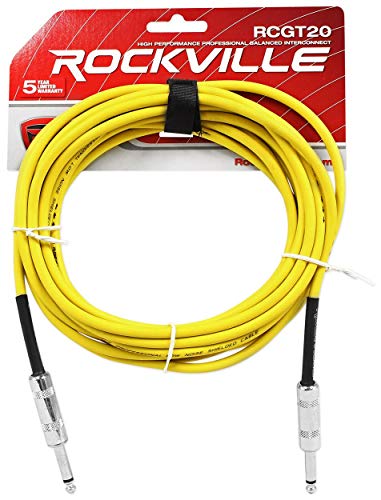 Rockville RCGT20Y Instrument Cable, 20 Ft, Yellow, 1/4'' TS to 1/4'' TS, 100% Copper, Shielded, Perfect for Guitar, Live Performances, and Studio Use