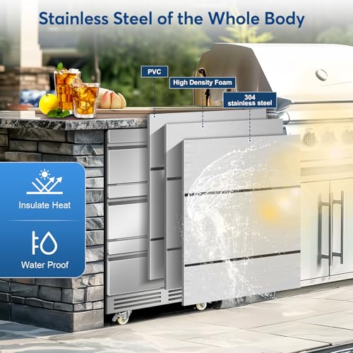 Image of Stainless Steel 3-Tier Drawer Fridge Undercounter, Outdoor Beverage Refrigerator with Wheels, Waterproof Design and Temperature Control for Home and Commercial Use