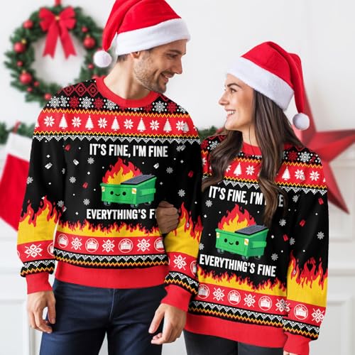 Image of 99TIMORO Its Fine Im Fine Ugly Christmas Sweater for Men and Women, Holiday Pullover Novelty Crewneck Sweatshirt, Festive Outfit Gift