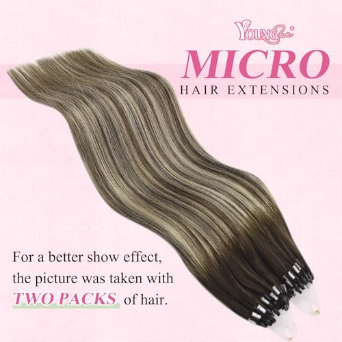 Image of YoungSee Micro Loop Hair Extensions Real Human Hair Balayage Microlink Hair Extensions Dark Brown Ombre Blonde Bead Hair Extension 16In 57g 50s Pre Bonded Hair Extension for Adding Volume