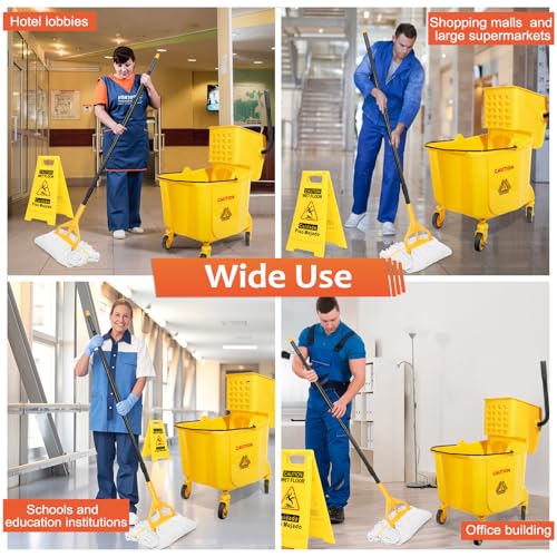 Image of 35 Qt Commercial Mop Bucket with Side Press Wringer on Wheels Set | Including 35 Quart Industrial Mop Bucket |1 Commercial Mop |1 Wet Floor Caution Sign | Yellow