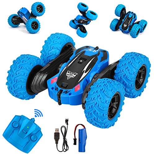 Etmury Ferngesteuertes Auto RC Stunt Auto 360u00b0 Taumeln & Spinnen mit LED-Lichter 2,4 GHz 4WD Hohe Geschwindigkeit 2 wiederaufladbaren Akku für Kinder Weihnachten Geburtstagsgeschenk (Blau)