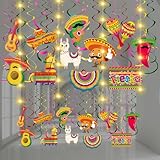 Skyygemm 56 Pcs Mexican Fiesta Hanging Decorations with Lights Cinco De Mayo Hanging Swirls Taco Party Guitar Sombrero Chili Cutouts Mexican Ceiling Streamers Fiesta Birthday Party Supplies Favors
