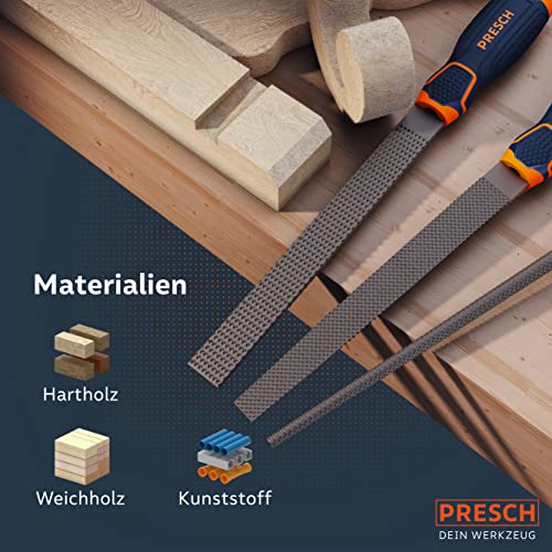 PRESCH Holzraspel Set 3tlg. - Hochwertiges Holzfeilen Set inkl. Flachstumpfraspel, Halbrund- und Rundraspel - Profi Hieb 2 Feilenset mit 200mm für Holz