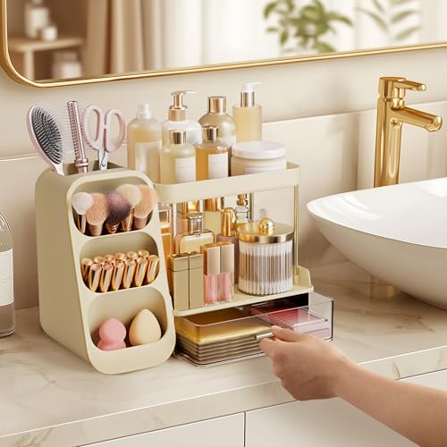 Image of HBlife Bathroom Organizers and Storage with Brush Holder for Vanity, 3 Tier Plastic Makeup Organizer for Dresser Counter, Skincare, Lipstick, Perfume, and Cosmetic Storage, Beige