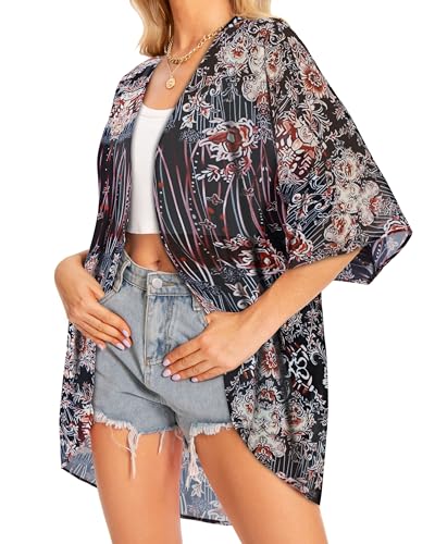 Image of Women Kimono Cardigans Casual Summer Tops Cover up Open Front Floral Print Resort Wear 2026