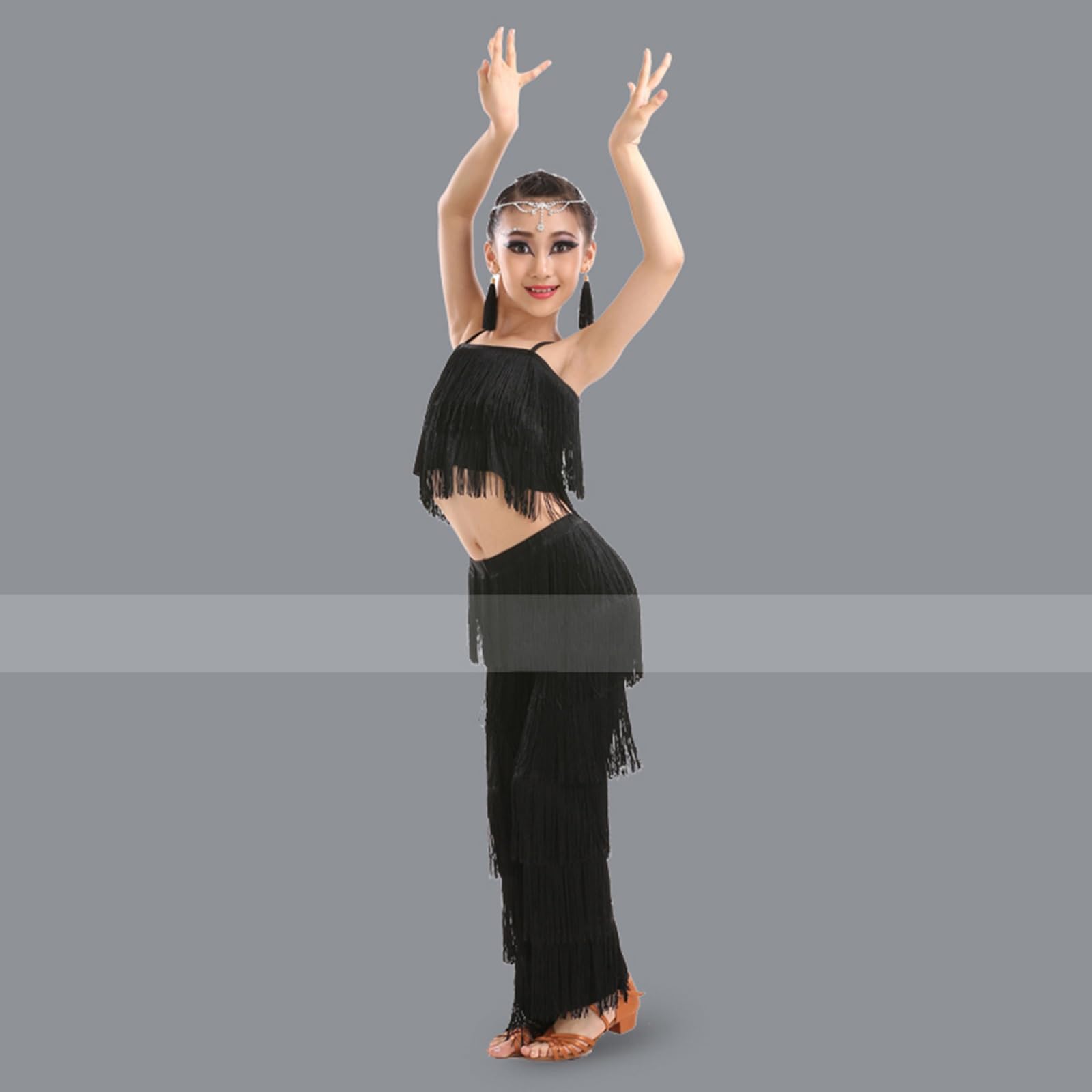 Falda Con Flecos De Baile Latino For Niñas, Top Corto + Pantalones, 2 Piezas, Ropa De Baile De Competición, Vestido De Baile De Salsa Tango Con Borlas, Disfraz De Actuación En Escenario