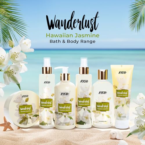 Image of Wanderlust Hawaiian Jasmine Shower Gel, 300 ml| Nourishes & Hydrates| Gentle Cleanser| Sweet Smell of Hawaiian Jasmine|Enriched With Aloe Vera| Paraben-Free, Vegan Formula| Suitable for All Skin Types