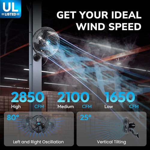 Image of Tornado 16 Inch Outdoor Wall Mount Fan with Pre-Installed Misting Kit for Patio Barn Greenhouse, 3-Speed Ball Bearing Motor, 3300 CFM High Velocity, IPX4 Water-Resistant, 5 Brass Nozzles Misting