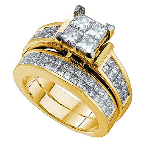 Dazzlingrock Collection 2.50 Carat (ctw) 14K Princess Diamond Women Invisible Fashion Engagement Ring Set 2 1/2 CT, Yellow Gold
