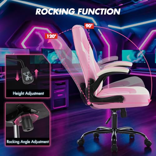 Image of Sweetcrispy Computer Video Game Desk Chair - Ergonomic Comfy Lumbar Support, PU Leather with Flip-up Armrest, Height Adjustable and 360Swivel, for Adults, White Pink