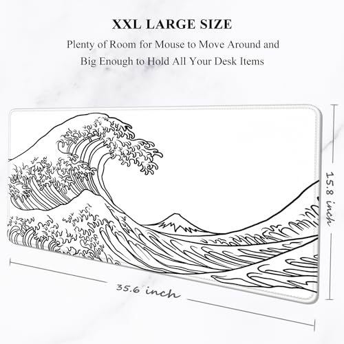 Image of Auhoahsil Large Mouse Pad, XXL Gaming Mousepad, Desk Mat for Desktop, Thick Rubber, Big & Long Size, Stitched Edges, Full Desk Pad for Laptop & Computer, Extended 35.4 x 15.7 in, White Great Wave
