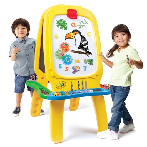 Crayola Deluxe Magnetic Double-Sided Easel Extra Large Magnetic Dry Erase & Chalkboard Adjustable Height Art Station with 4 Storage Bins & Paper Roll Includes Magnets & Gears