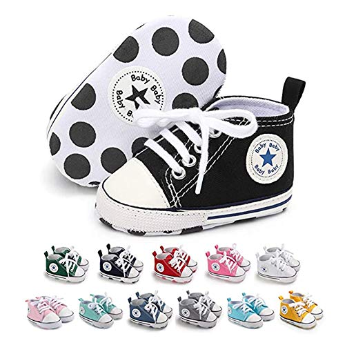 SABATUTU Unisex Baby Boys Girls Shoes Star High Top Ankle Toddler Sneaker Soft Anti-Slip Sole Newborn Infant First Walkers Canvas Denim Crib Shoes (Star Black, 0-6 Months)
