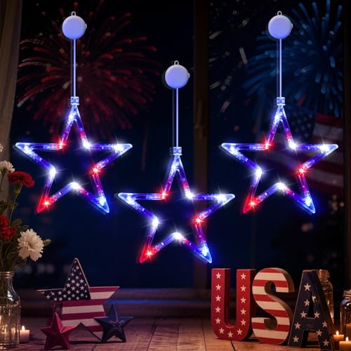 LYUBASA 3 Pack 4th of July Lights Decorations Battery Operated Red White and Blue Indoor Window Star String Lights Patriotic Decor