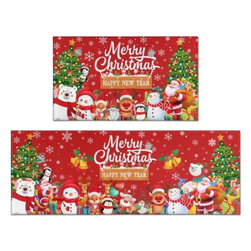 Christmas Kitchen Mats Set of 2, Merry Christmas and Happy New Year Home Kitchen Decoration Non-Slip Floor Mat Sets, Entryway & Holiday Rugs, Washable Microfiber Kitchen Carpet 17x30 + 17x47 Inch