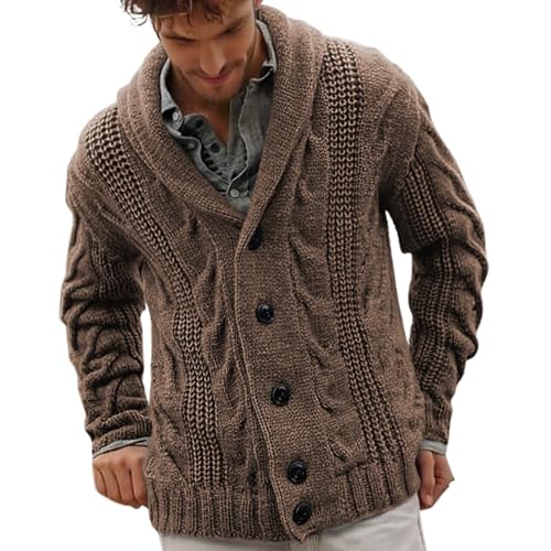 Chaqueta de punto gruesa para hombre, manga larga, patrón trenzado, cuello de chal informal, prendas de punto con botones, sobreabrigo de solapa, ropa exterior de invierno, cárdigan liso, jersey