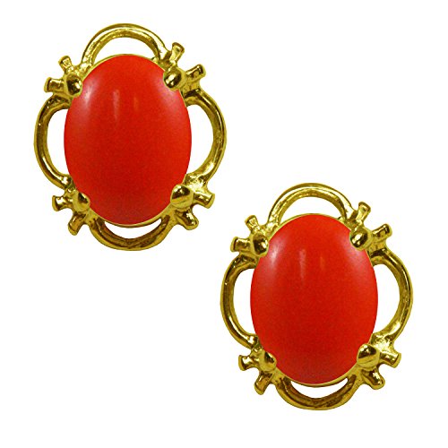 Boucles d'oreilles corail pêche ovale or jaune 9 ct clous en filigrane BJC