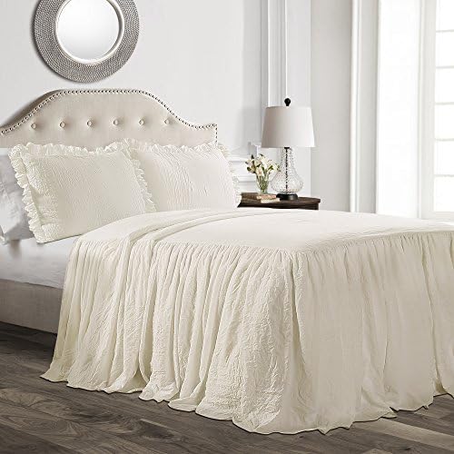Lush Decor Ruffle Skirt Bedspread Vintage Chic Farmhouse Style Lightweight 3 Piece Set, Queen, Ivory