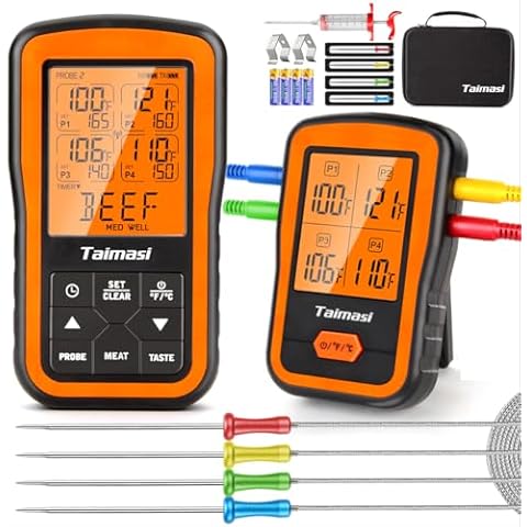 Wireless Digital Meat Thermometer with 4 Probes & Meat Injector, Upgraded 500FT Remote Range Cooking Food Thermometer for Grilling & BBQ & Oven & Kitchen, LCD Cover
