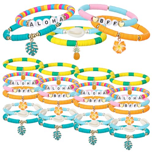 24 Pcs Aloha Hawaiian Friendship Bracelets, Bohemia Plumeria Rubra Tropical Flower Heishi Surfer Beaded Stretch Summer Bracelets for Aloha Tropical Birthday Summer Beach Pool Party Favors - Main Image