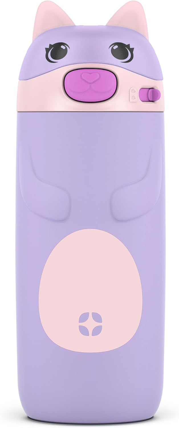 Ello Ellies 12oz Vacuum Insulated Stainless Steel Kids Water Bottle with Straw and Built-in Carrying Handle and Leak-Proof Locking Lid for School Backpack, Lunchbox and Outdoor Sports, Cat