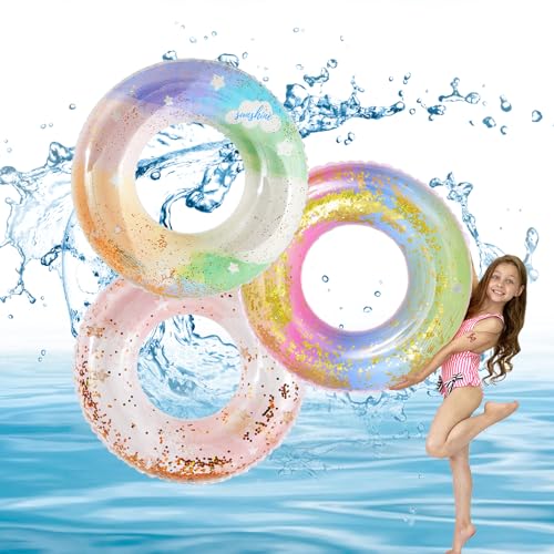 Heartsking 3 Piezas Flotadores Piscina, Anillo de natación Inflable, Flotador Inflable con Lentejuelas Arcoíris, Flotador...