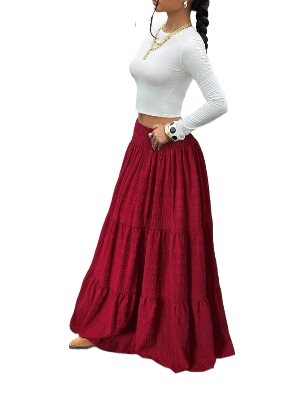 Womens Casual Pleated Low Waist Ruffle Hem Maxi Skirt Trendy Stylish Skirts
