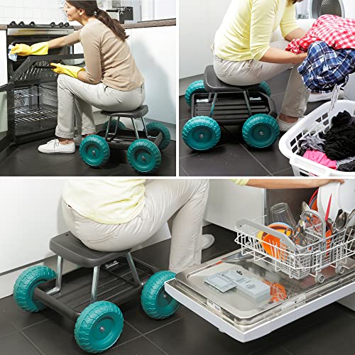 Sgabello con ruote e vassoio portaoggetti, ideale