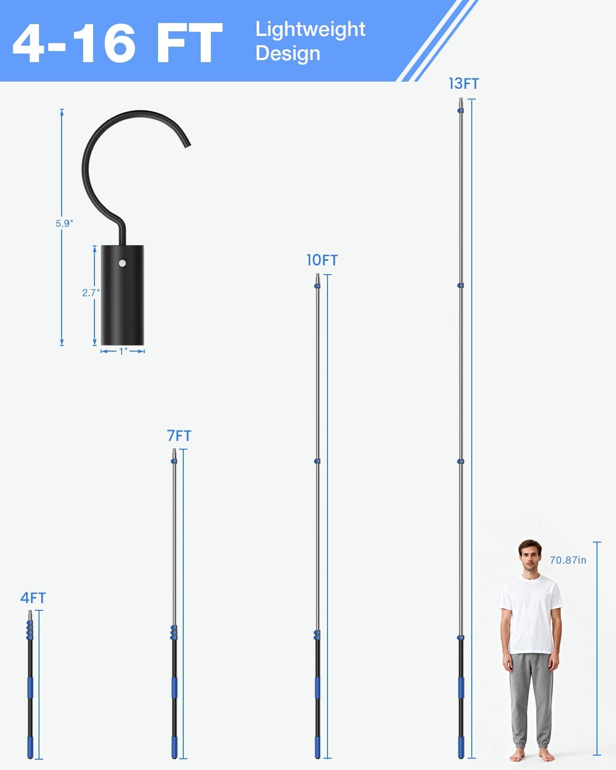 Pool Hook with Pole, 16FT Pool Pole Telescopic with Stainless Steel Hook, Retrieval Hooks for All Robotic Pools Cleaner, Robot Hooks for Heavy Duty Telescoping Poles, Above Ground and Underwater