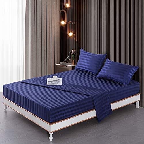Image of Satin-Silk Sheets King Size Bed Set, Navy Blue Soft Cooling Deep Pocket King Sheets, Hypoallergenic, Wrinkle and Fade Resistant Bedding Set, 3 Piece, Striped