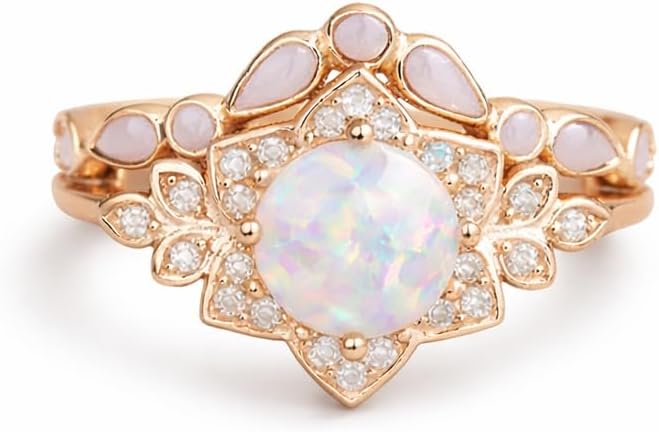 Opal Floral Halo Bridal Ring Set for Women 14K Rose Gold Vintage Engagement Ring Set Diamond Cluster Wedding Ring Set Boho Promise Jewelry Gift for Her