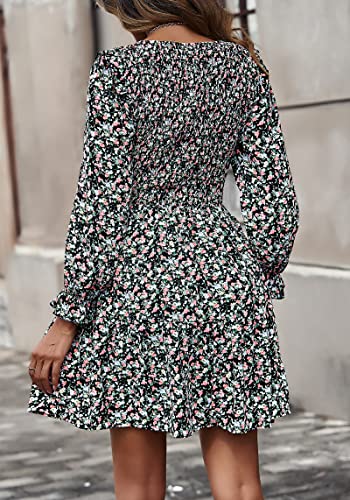 Image of KIRUNDO Long Sleeve Dress for Women 2025 Summer Fall Wedding Guest Smocked Floral Crewneck Ruffle A Line Flowy Mini Dress