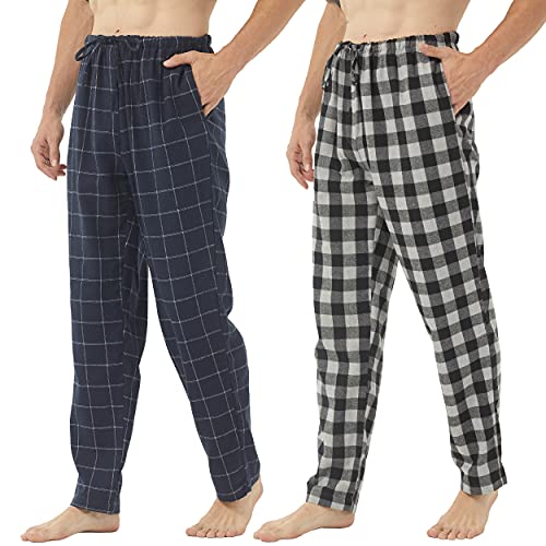 2 Pack Mens Pyjama Bottoms Flannel Checkered Lounge Pants with Pockets Cotton Rich Plaid PJs Bottoms Soft Brushed Nightwear Sleepwear for Home Button Fly