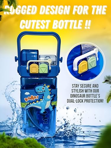 Image of Dino Kids Cartoon Water Bottle with Adjustable Strap, Leak-Proof Double Drinking Straw Cup, Portable Tumbler for School & Outdoor Fun - Pack of 1, Color May Vary