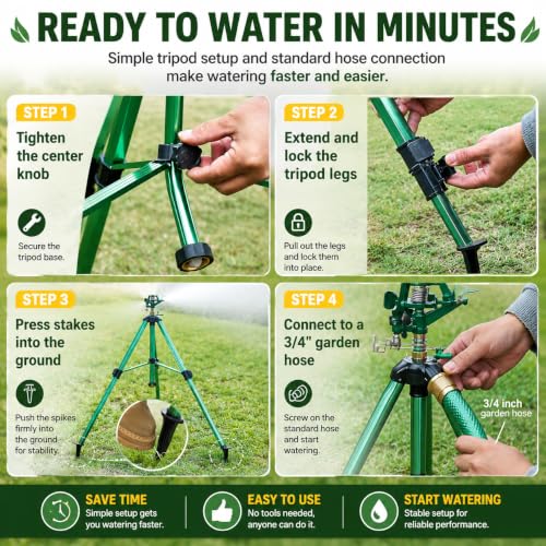 Image of Sprinklers for Yard, 2026 Heavy-Duty Lawn Sprinkler Impact Sprinkler on Spike Tripod Base with 360 Large Area Irrigation with Extension Legs to Adjust Height Irrigation System for Garden Lawn-Green