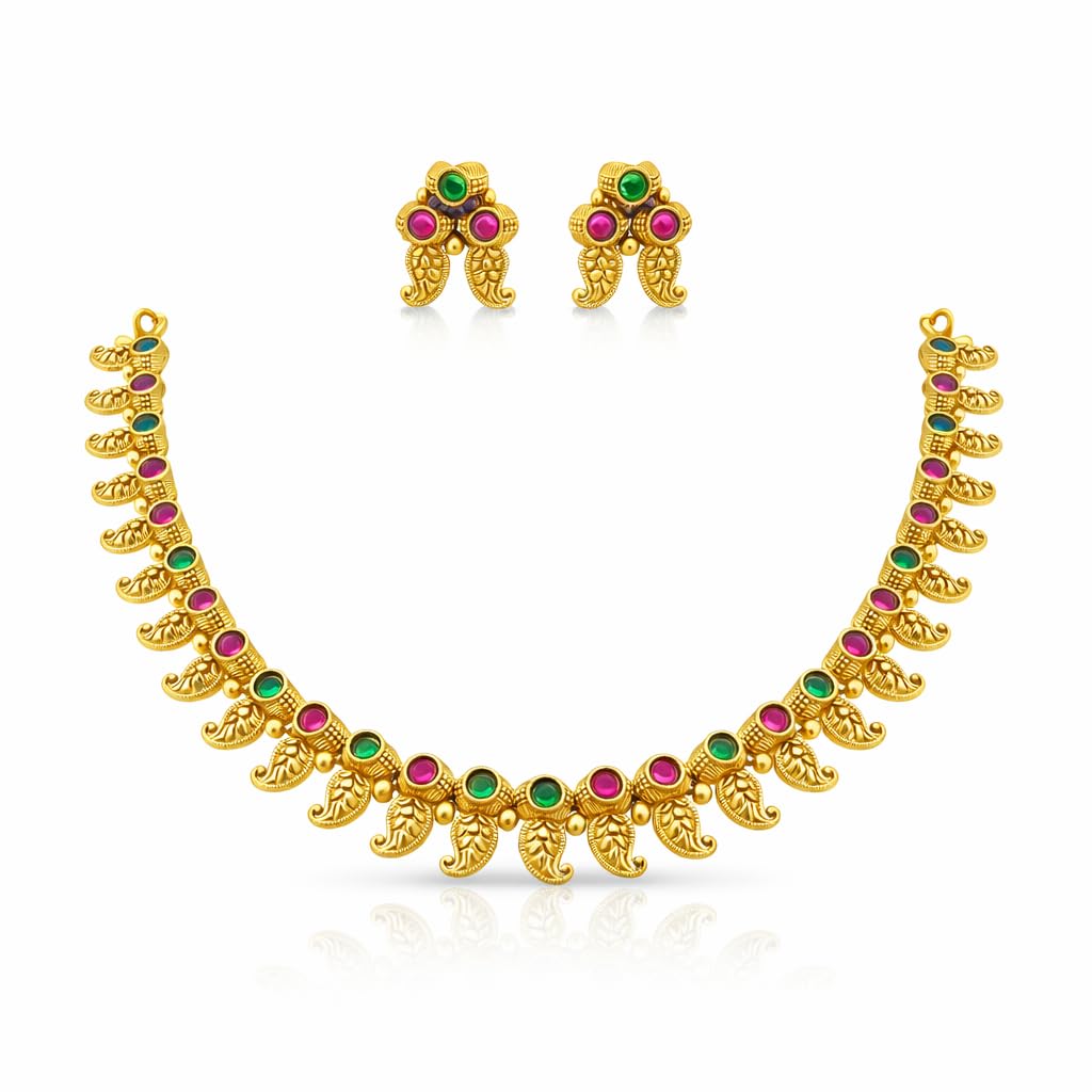 Gold Matte Finish Bridal Necklace & Earrings Set – Ethnic Special Jewelry (Ruby Red & Green)