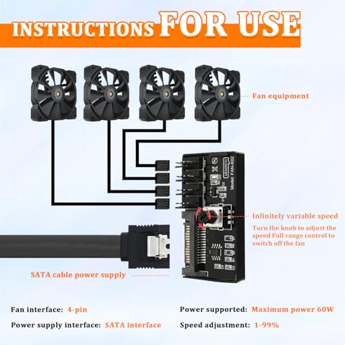 HUAREW Controlador de perilla de velocidad del ventilador de refrigeración de 12 V y 4 pines, adaptador de ventilador de chasis de PC PWM, fuente de alimentación suministrada con interfaz SATA - imagen 4