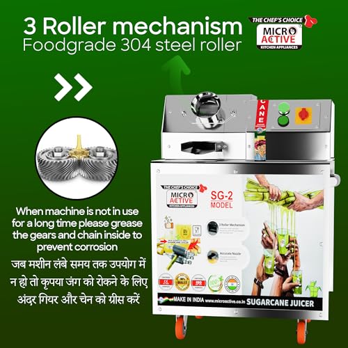 Image of MICROACTIVE 2HP Virat Heavy Duty Sugarcane Juicer Machine SS-304 Roller & 3-Roller Mechanism with Full SS Body (2 HP | 1500 Watts)
